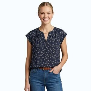 41 Hawthorn Cap Sleeve Blouse Navy Blue Floral Split Neck Women Medium NWT